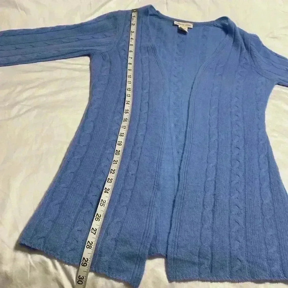 Minnie Rose 100% Cashmere Open Front Cardigan with Bell Sleeves.  Blue, Size XS. - Picture 8 of 11